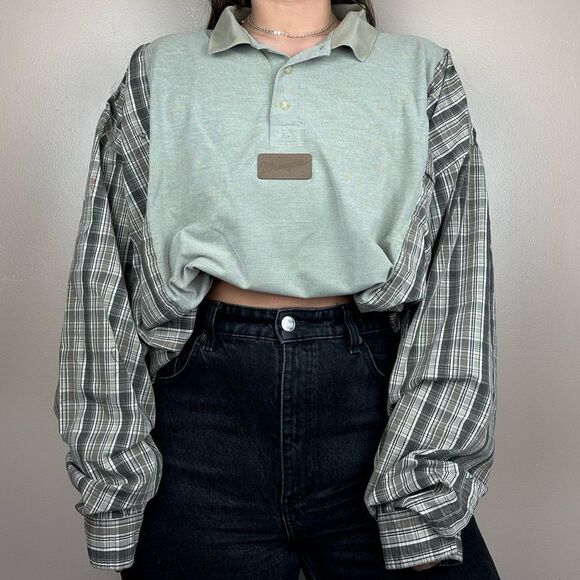 Wrangler Reworked Western Long Sleeve Relaxed Baggy Plaid Gray Brown Shirt Top - Picture 2 of 4